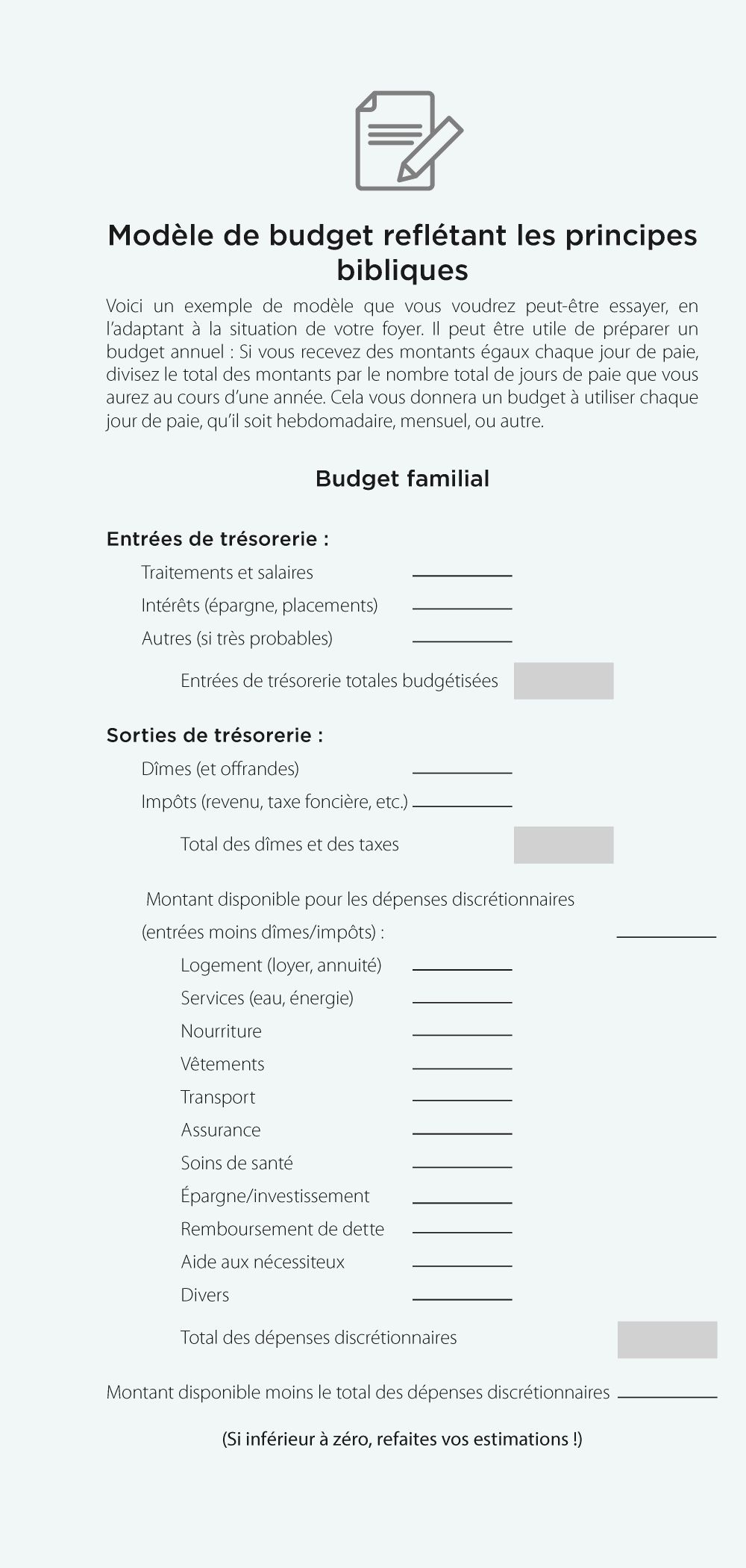 Modèle de budget reflétant les principes bibliques