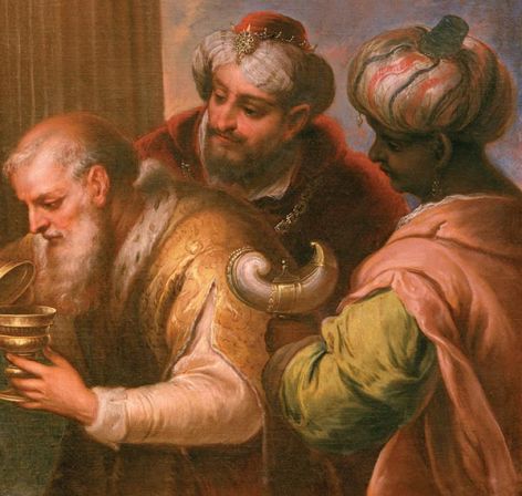 Les Rois Mages sont repr&eacute;sent&eacute;s dans diff&eacute;rentes formes d'art. De haut en bas : figurines en pl&acirc;tre, artiste inconnu ; L'Adoration des Mages de Pedro Atanasio Bocanegra.