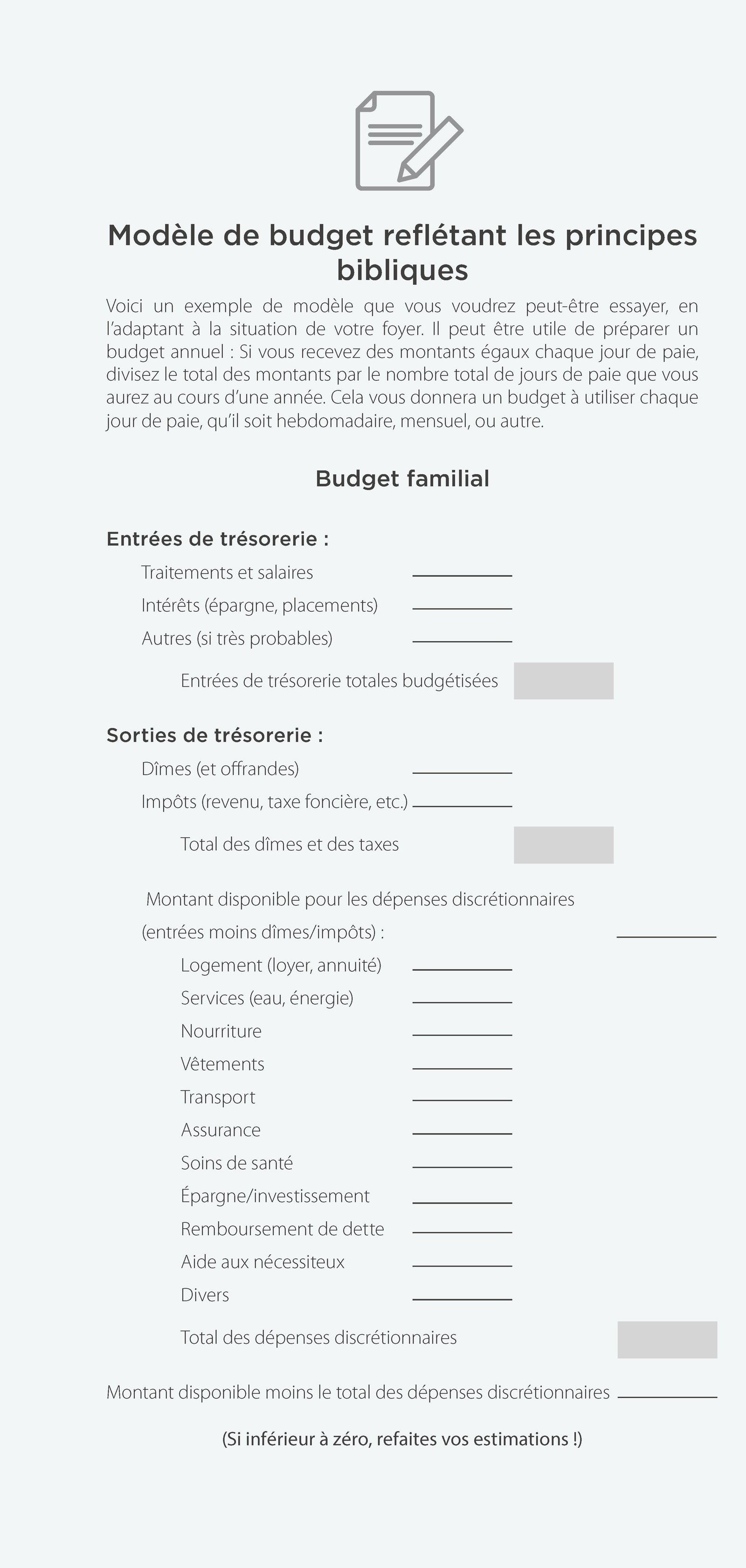 Modèle de budget reflétant les principes bibliques